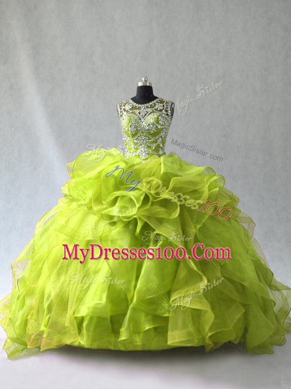 Latest Sleeveless Organza Floor Length Lace Up Quinceanera Gowns in Yellow Green with Beading and Ruffles