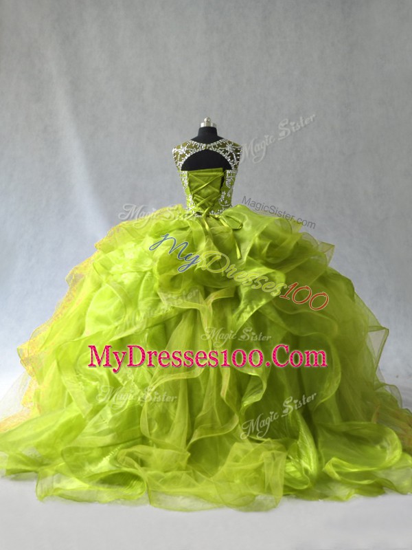 Latest Sleeveless Organza Floor Length Lace Up Quinceanera Gowns in Yellow Green with Beading and Ruffles