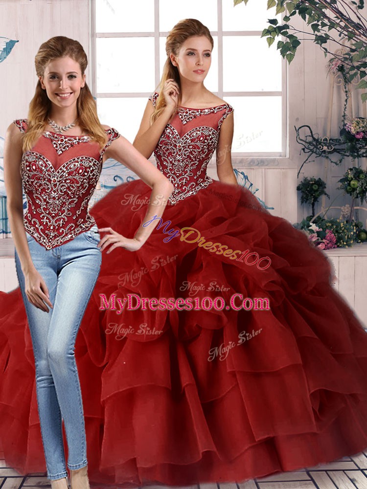Sleeveless Organza Brush Train Zipper Quinceanera Gowns in Wine Red with Beading and Pick Ups