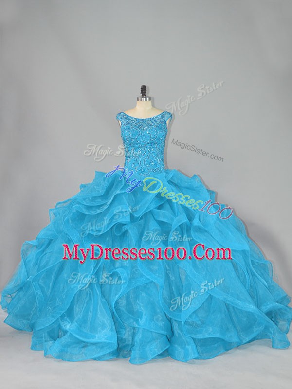 Super Sleeveless Beading and Ruffles Lace Up 15 Quinceanera Dress with Aqua Blue Brush Train