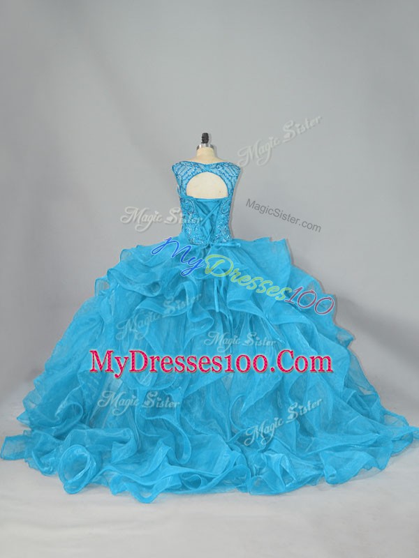 Super Sleeveless Beading and Ruffles Lace Up 15 Quinceanera Dress with Aqua Blue Brush Train