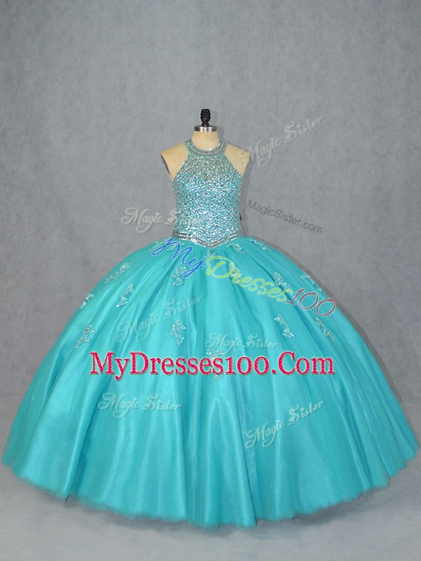 Eye-catching Floor Length Aqua Blue Quinceanera Gown Tulle Sleeveless Beading