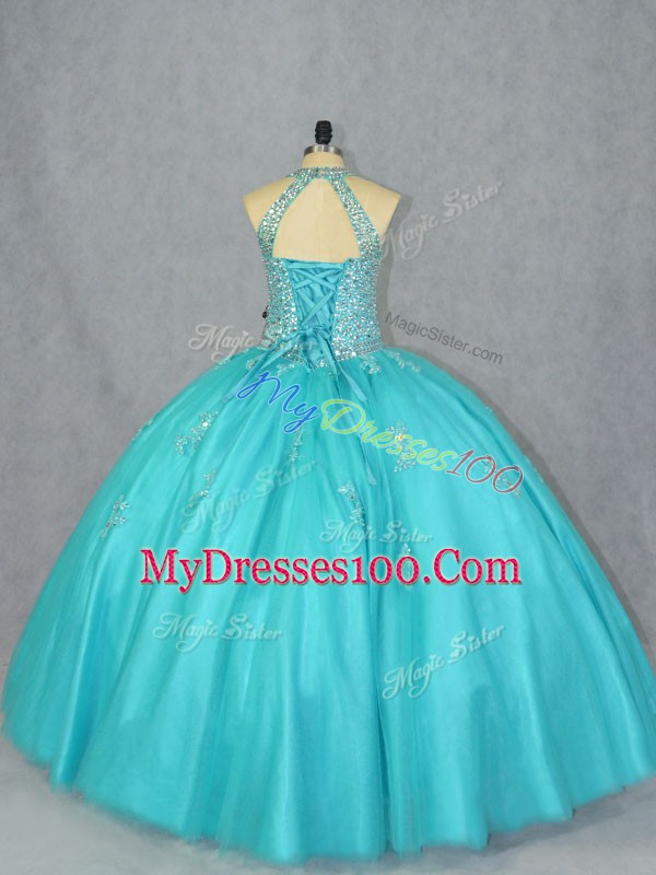 Eye-catching Floor Length Aqua Blue Quinceanera Gown Tulle Sleeveless Beading