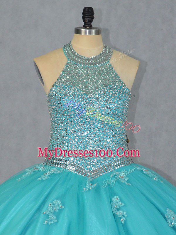 Eye-catching Floor Length Aqua Blue Quinceanera Gown Tulle Sleeveless Beading
