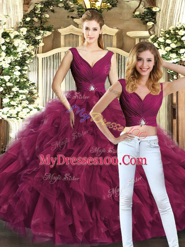 Unique Burgundy V-neck Backless Beading and Ruffles Quinceanera Dresses Sleeveless