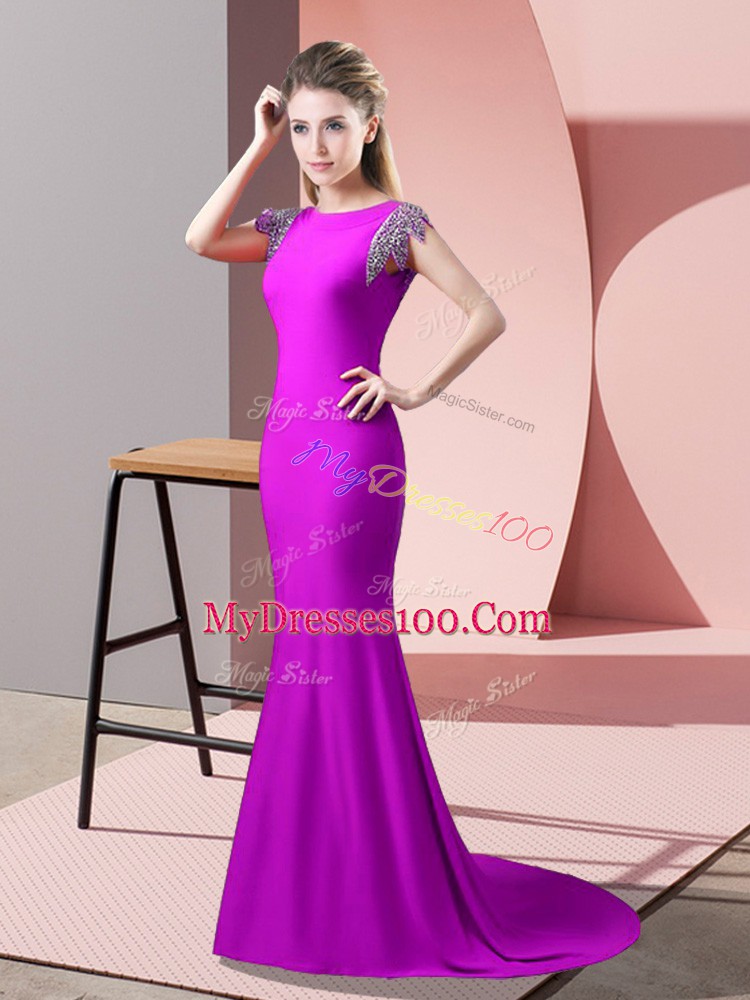 Fuchsia Backless High-neck Beading Prom Dress Elastic Woven Satin Short Sleeves Brush Train