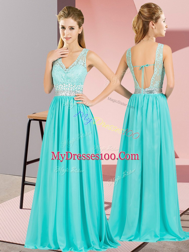 Floor Length Backless Prom Evening Gown Aqua Blue for Prom and Party and Military Ball with Beading and Lace and Appliques