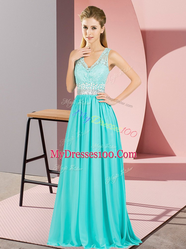 Floor Length Backless Prom Evening Gown Aqua Blue for Prom and Party and Military Ball with Beading and Lace and Appliques