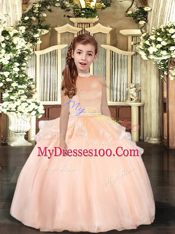 Luxurious Peach Backless Halter Top Beading Evening Gowns Organza Sleeveless