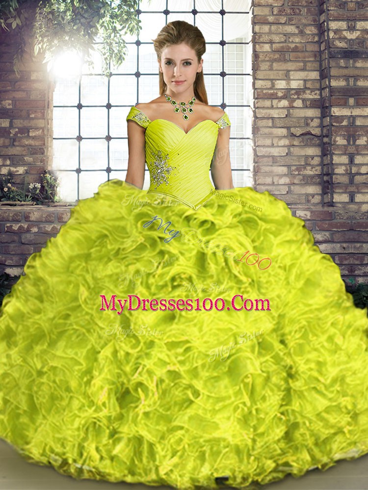 Ball Gowns Sweet 16 Dress Yellow Green Off The Shoulder Organza Sleeveless Floor Length Lace Up
