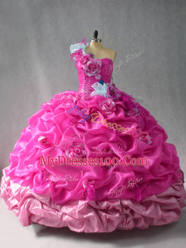 Organza One Shoulder Sleeveless Lace Up Pick Ups and Hand Made Flower Vestidos de Quinceanera in Fuchsia