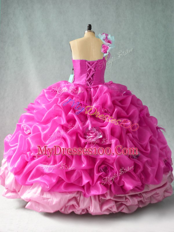 Organza One Shoulder Sleeveless Lace Up Pick Ups and Hand Made Flower Vestidos de Quinceanera in Fuchsia
