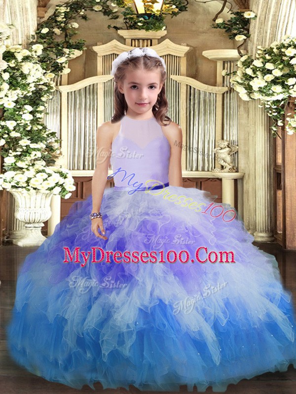 Multi-color Ball Gowns Ruffles Girls Pageant Dresses Backless Tulle Sleeveless Floor Length