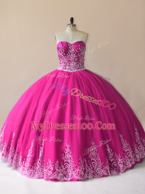 Gorgeous Fuchsia Tulle Lace Up Quince Ball Gowns Sleeveless Floor Length Embroidery