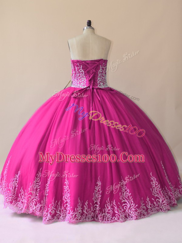 Gorgeous Fuchsia Tulle Lace Up Quince Ball Gowns Sleeveless Floor Length Embroidery