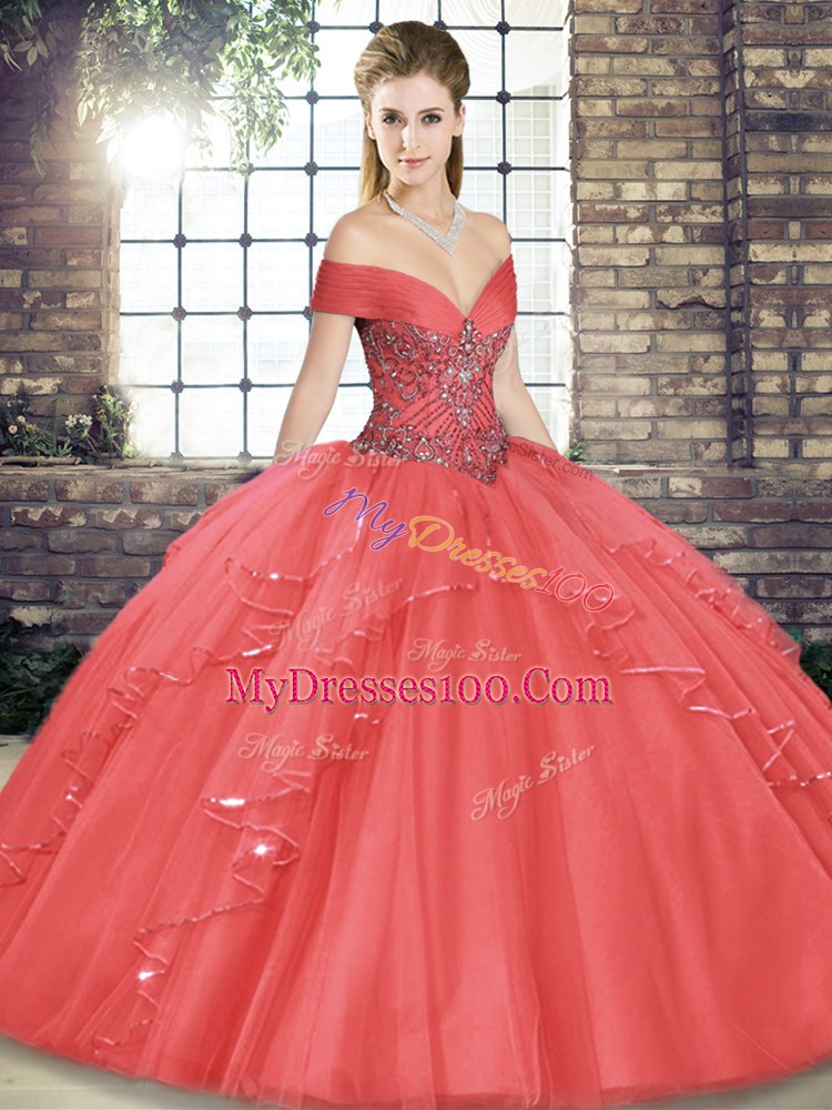 Fancy Floor Length Ball Gowns Sleeveless Watermelon Red 15 Quinceanera Dress Lace Up