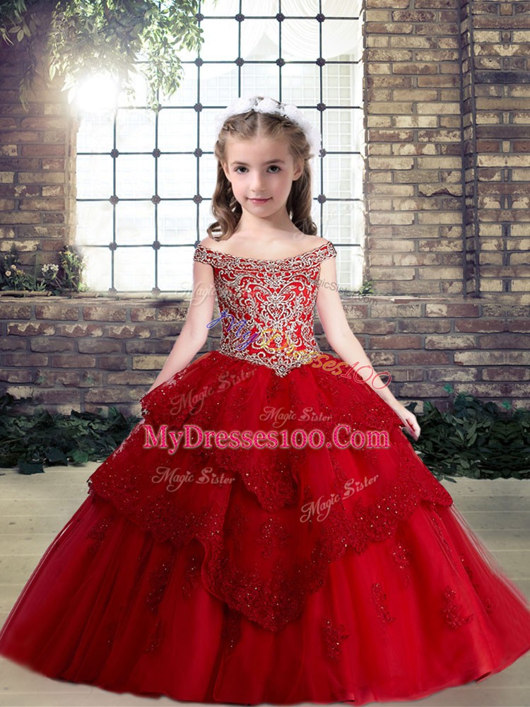 Floor Length Lace Up Pageant Dress Toddler Red for Party and Military Ball and Wedding Party with Lace and Appliques