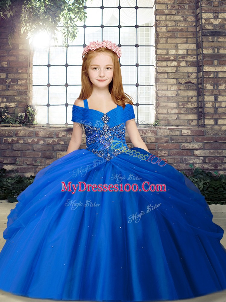 Admirable Straps Sleeveless Pageant Dresses Floor Length Beading Royal Blue Chiffon