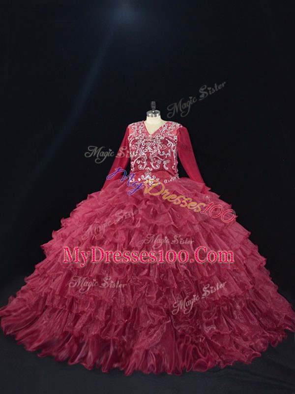 Luxurious Burgundy V-neck Lace Up Ruffled Layers Quince Ball Gowns Long Sleeves