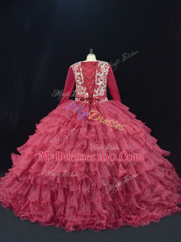 Luxurious Burgundy V-neck Lace Up Ruffled Layers Quince Ball Gowns Long Sleeves