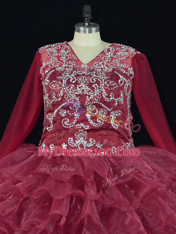 Luxurious Burgundy V-neck Lace Up Ruffled Layers Quince Ball Gowns Long Sleeves