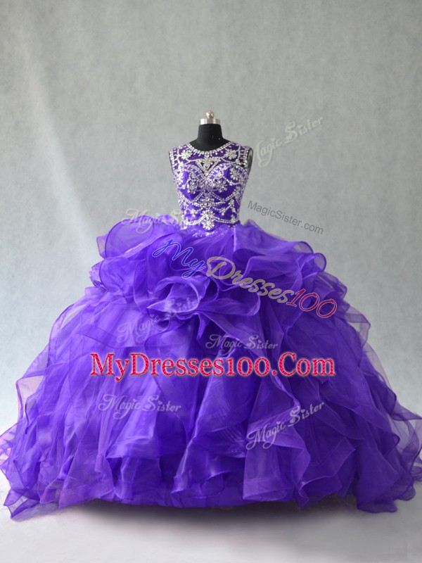 Luxurious Ball Gowns 15 Quinceanera Dress Purple Scoop Organza Sleeveless Floor Length Lace Up