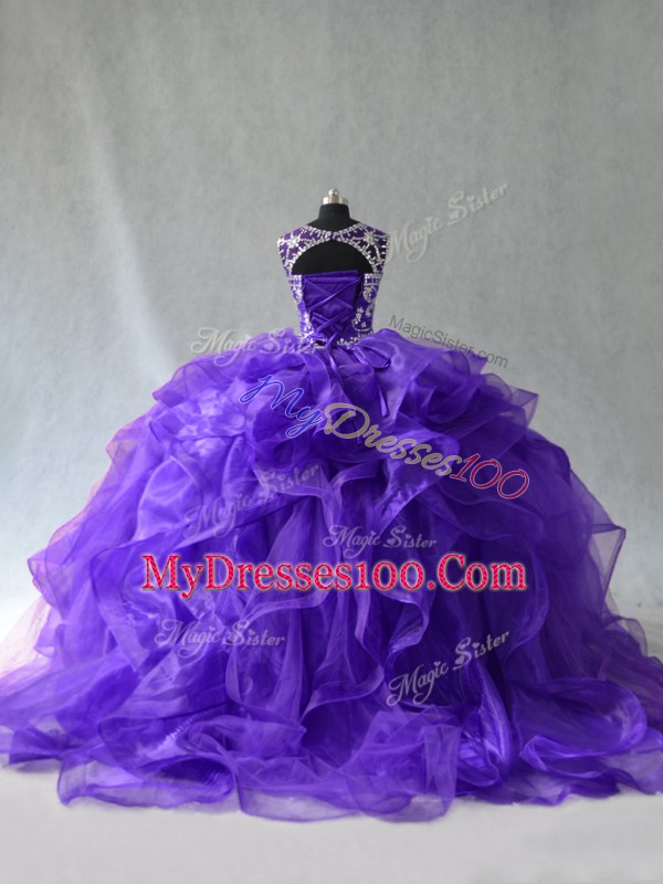 Luxurious Ball Gowns 15 Quinceanera Dress Purple Scoop Organza Sleeveless Floor Length Lace Up