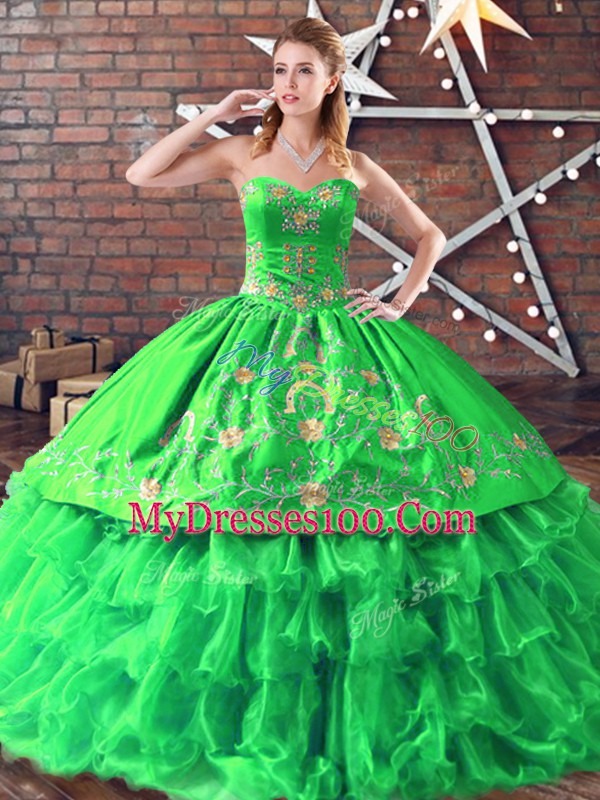 Green Sweetheart Neckline Embroidery 15th Birthday Dress Sleeveless Lace Up