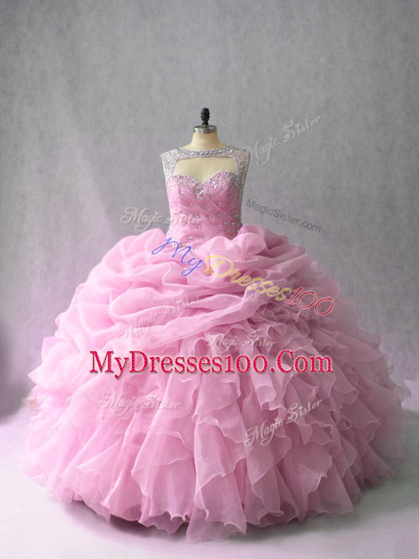 Wonderful Lace Up Sweet 16 Dresses Pink for Sweet 16 and Quinceanera with Beading and Ruffles Brush Train