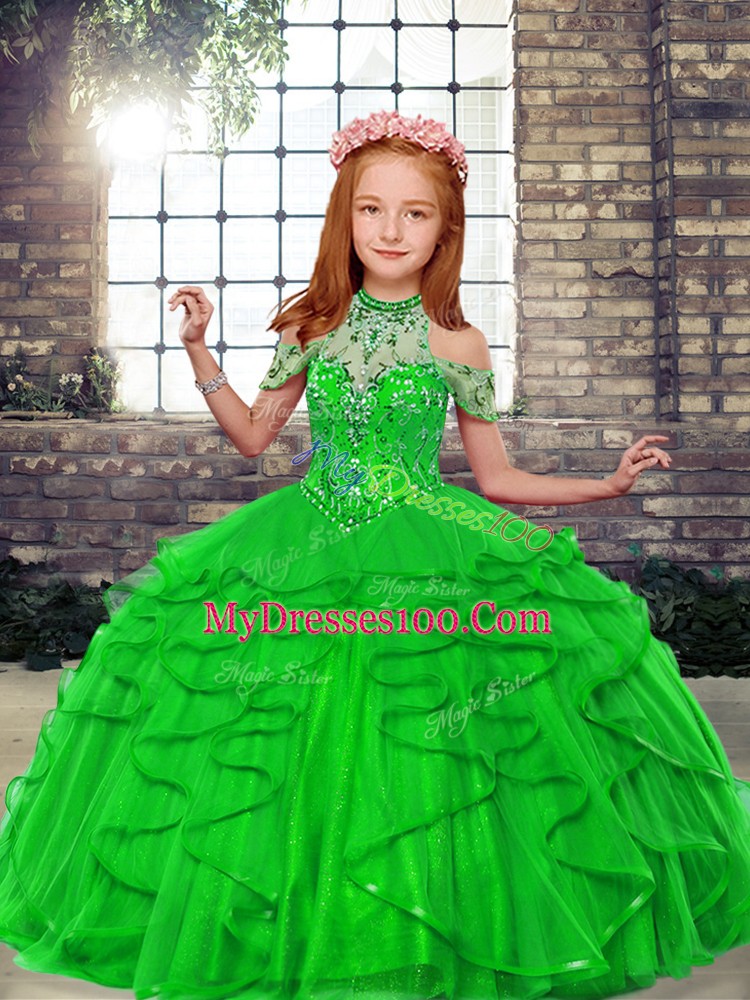 Best Ball Gowns Tulle High-neck Sleeveless Beading and Ruffles Floor Length Lace Up Child Pageant Dress