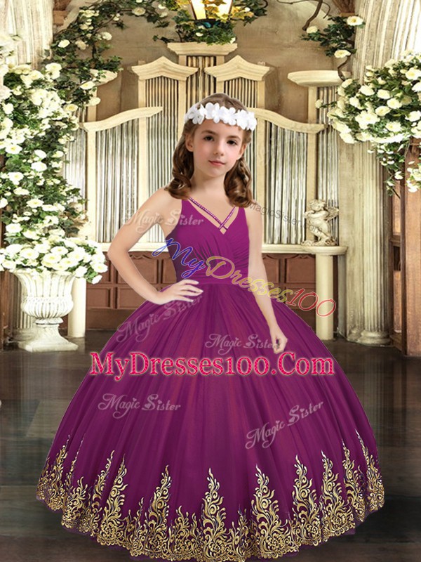 Purple Kids Pageant Dress Party and Sweet 16 and Wedding Party with Embroidery V-neck Sleeveless Zipper