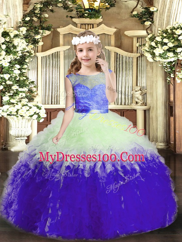 Sleeveless Floor Length Lace and Ruffles Backless Little Girls Pageant Dress with Multi-color