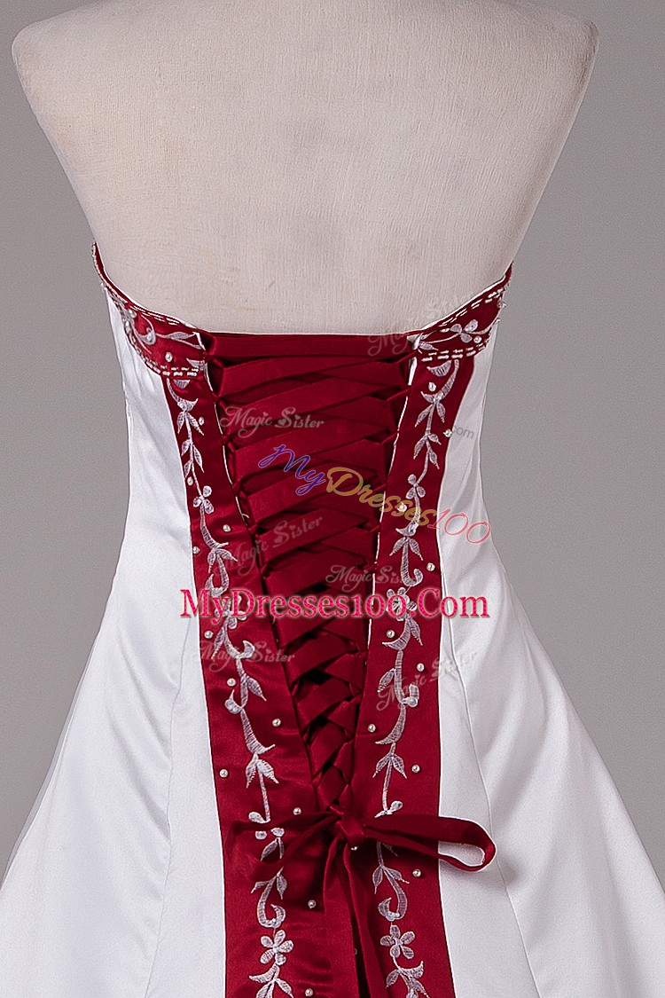 Fine Brush Train Ball Gowns Wedding Dresses White Strapless Satin Sleeveless Lace Up