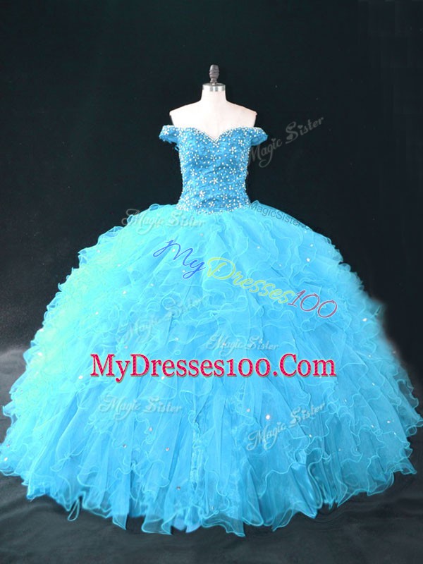Aqua Blue Off The Shoulder Neckline Beading and Ruffles Sweet 16 Dresses Sleeveless Lace Up