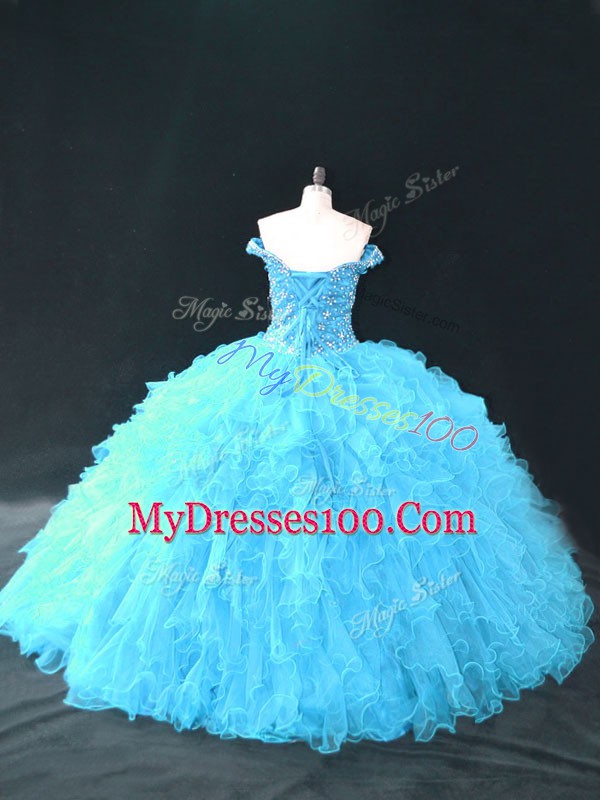 Aqua Blue Off The Shoulder Neckline Beading and Ruffles Sweet 16 Dresses Sleeveless Lace Up