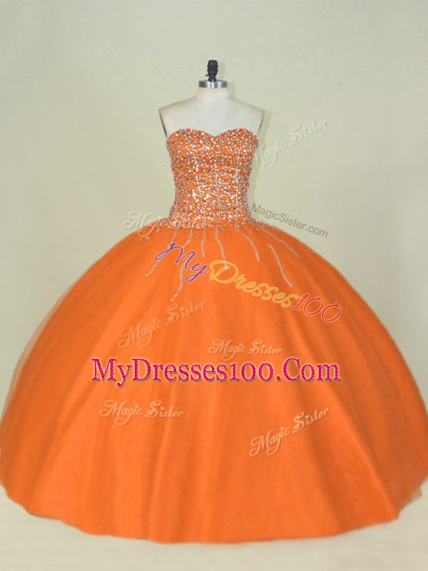 High End Orange Sweetheart Lace Up Beading 15 Quinceanera Dress Sleeveless