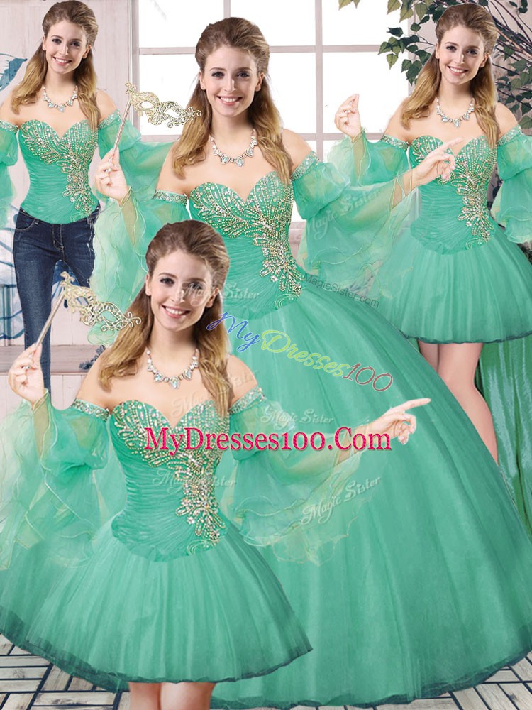Sweet Turquoise Sleeveless Tulle Lace Up Quince Ball Gowns for Sweet 16 and Quinceanera