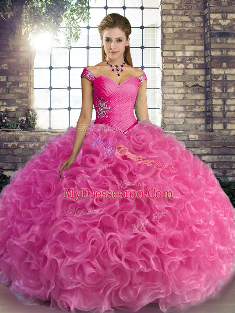 Sleeveless Fabric With Rolling Flowers Floor Length Lace Up Vestidos de Quinceanera in Rose Pink with Beading