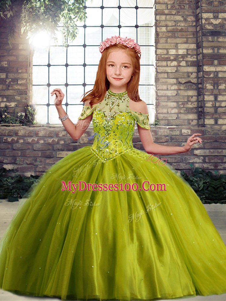 Sweet Olive Green Tulle Lace Up High-neck Sleeveless Floor Length Little Girls Pageant Dress Wholesale Beading