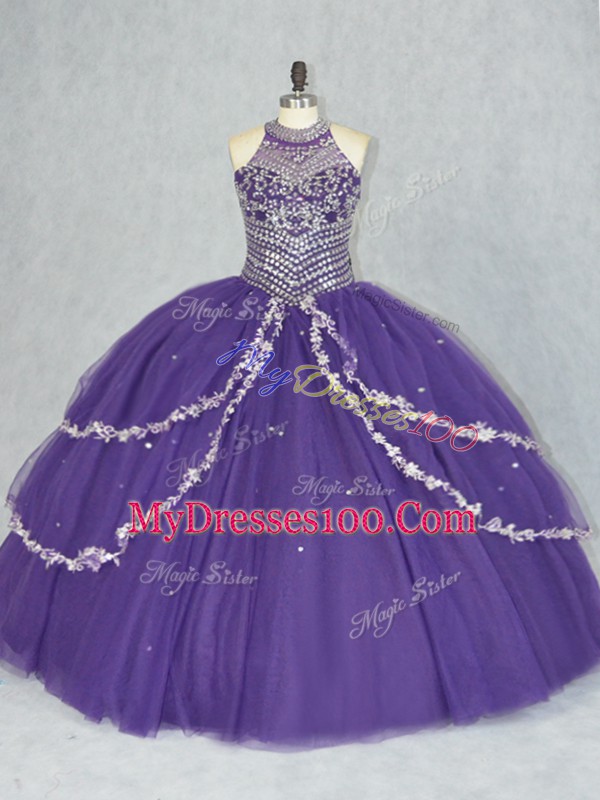 Fancy Sleeveless Tulle Floor Length Lace Up Quince Ball Gowns in Purple with Beading