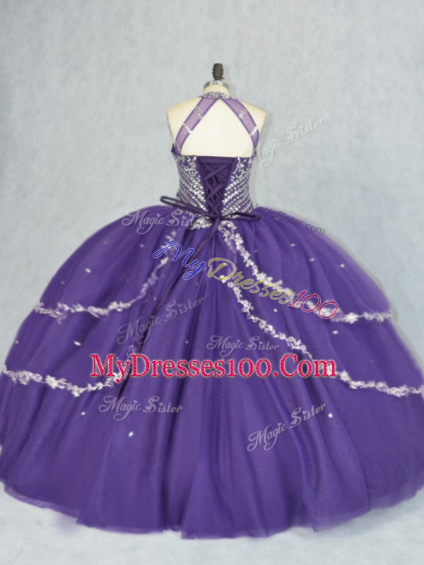 Fancy Sleeveless Tulle Floor Length Lace Up Quince Ball Gowns in Purple with Beading