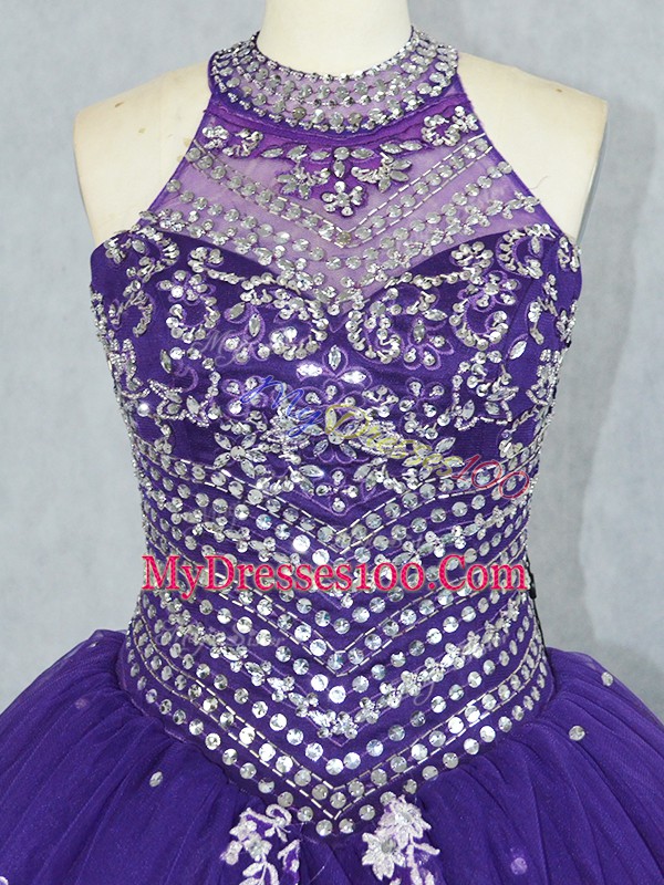 Fancy Sleeveless Tulle Floor Length Lace Up Quince Ball Gowns in Purple with Beading