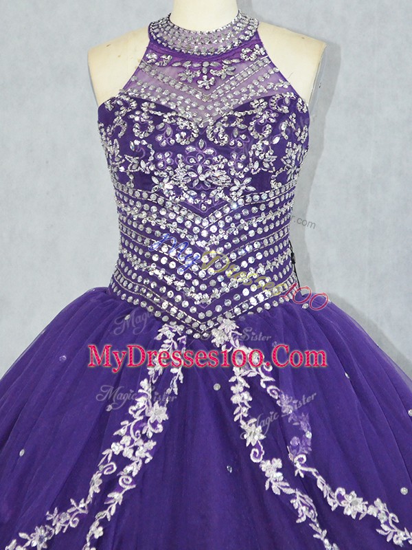 Fancy Sleeveless Tulle Floor Length Lace Up Quince Ball Gowns in Purple with Beading