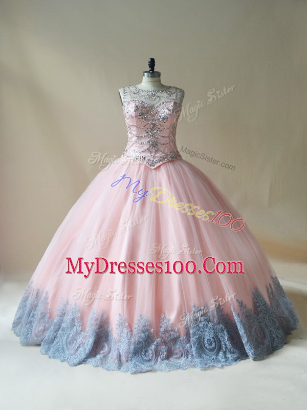 Glittering Beading and Appliques Vestidos de Quinceanera Pink Lace Up Sleeveless Floor Length
