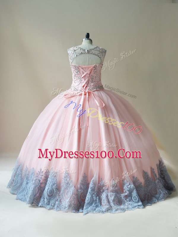 Glittering Beading and Appliques Vestidos de Quinceanera Pink Lace Up Sleeveless Floor Length