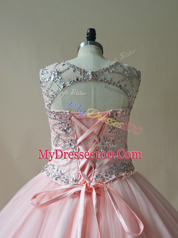 Glittering Beading and Appliques Vestidos de Quinceanera Pink Lace Up Sleeveless Floor Length