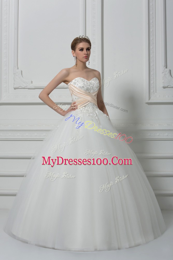 Sleeveless Floor Length Beading and Lace Lace Up Wedding Gown with White