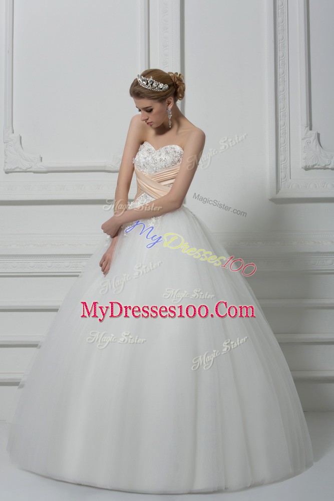 Sleeveless Floor Length Beading and Lace Lace Up Wedding Gown with White