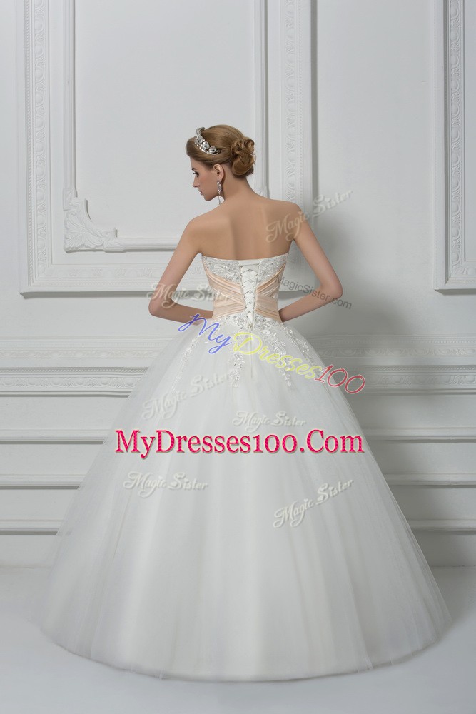 Sleeveless Floor Length Beading and Lace Lace Up Wedding Gown with White