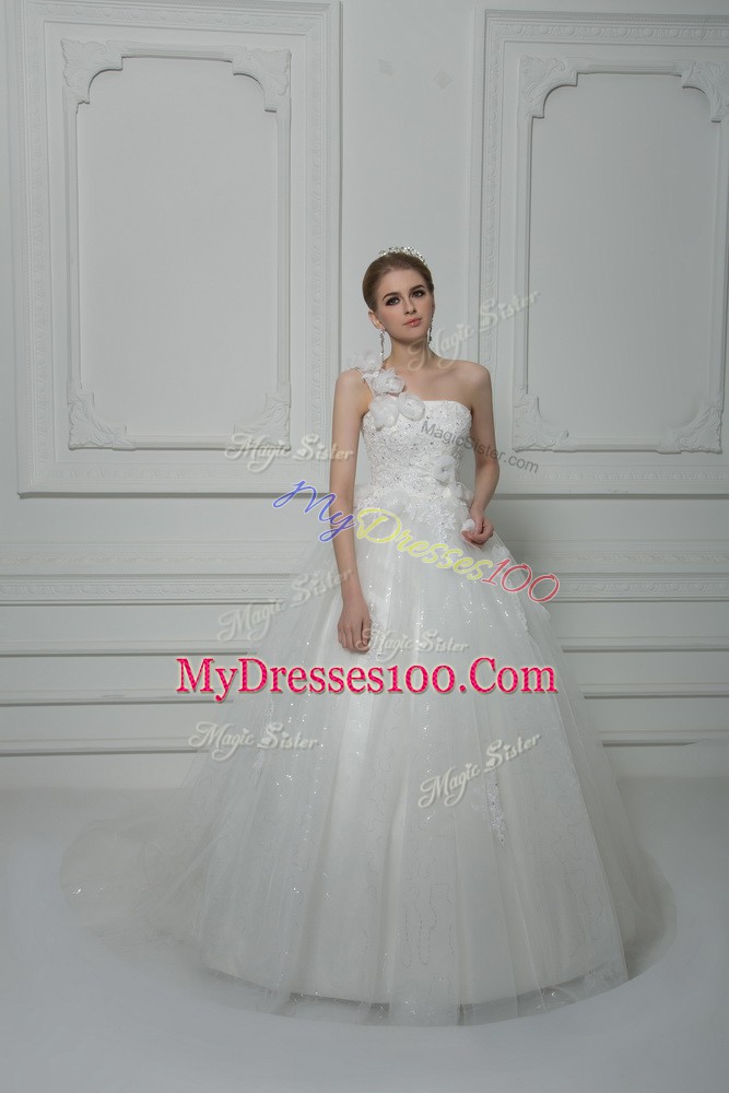 Smart Sleeveless Tulle Brush Train Lace Up Wedding Gowns in White with Beading and Lace and Hand Made Flower